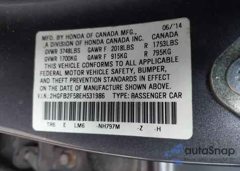 2014 Honda Civic Lx z USA, uszkodzony, nr VIN 2HGFB2F58EH531986